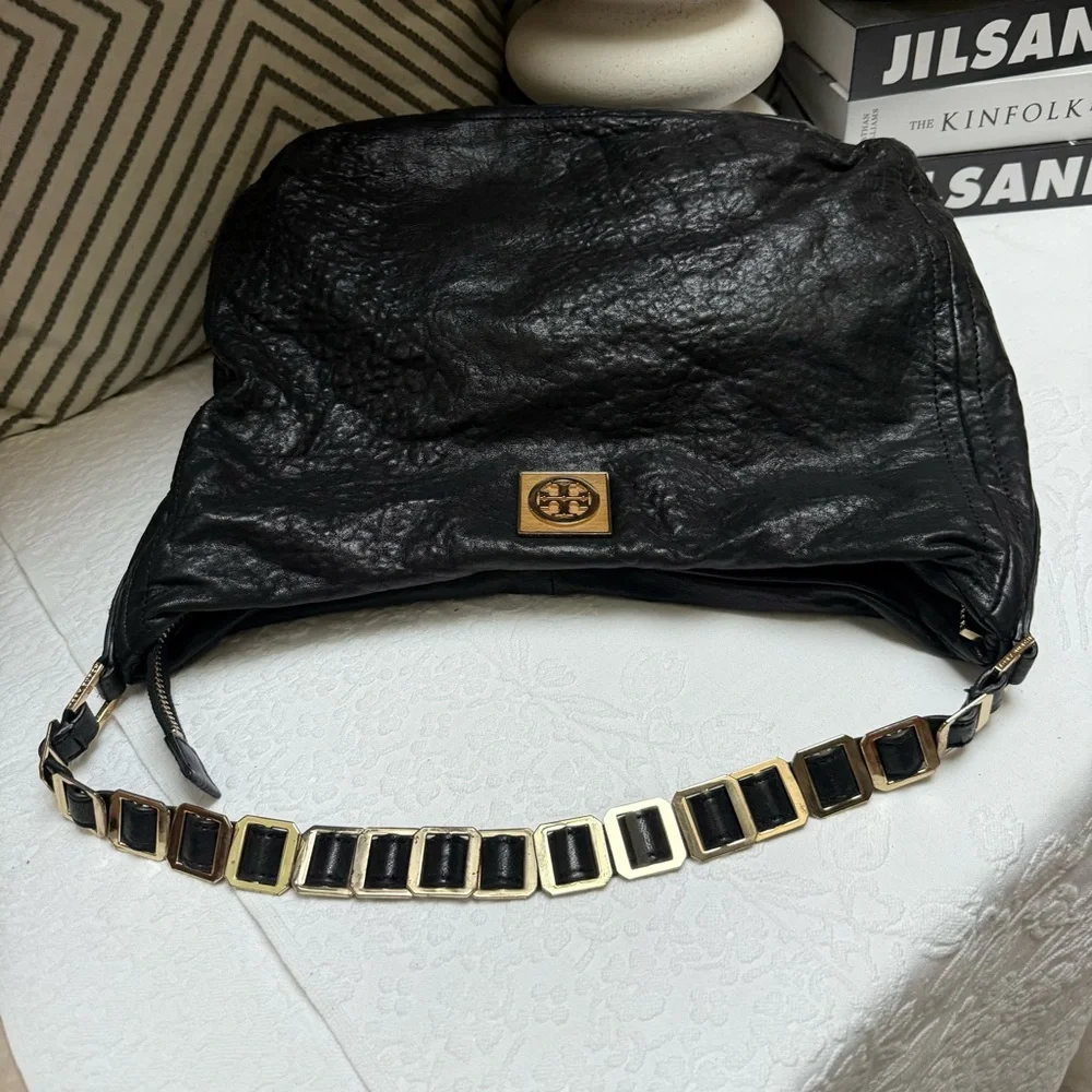 Tory Burch Black Leather Hobo with Gold Chain Detail